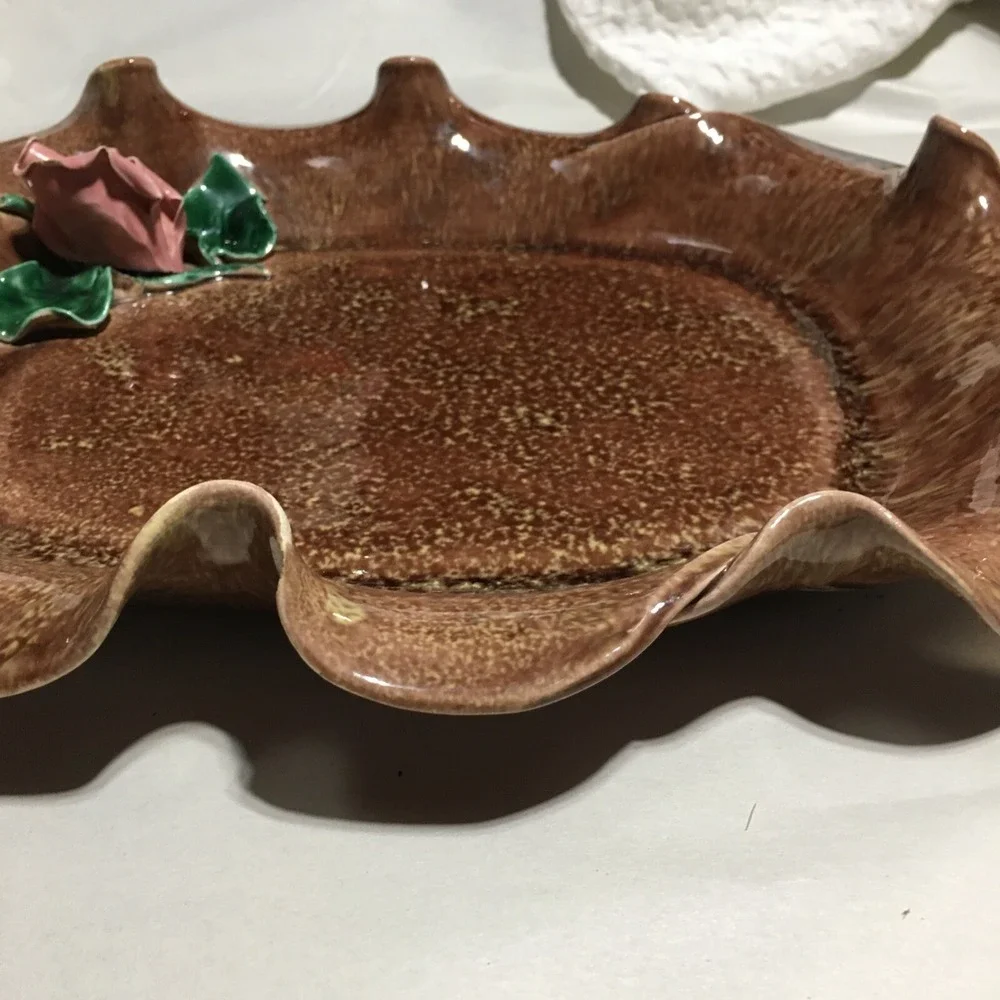 Vintage HAND THROWN POTTERY BOWL DISH APPLIED 3- D PINK ROSES